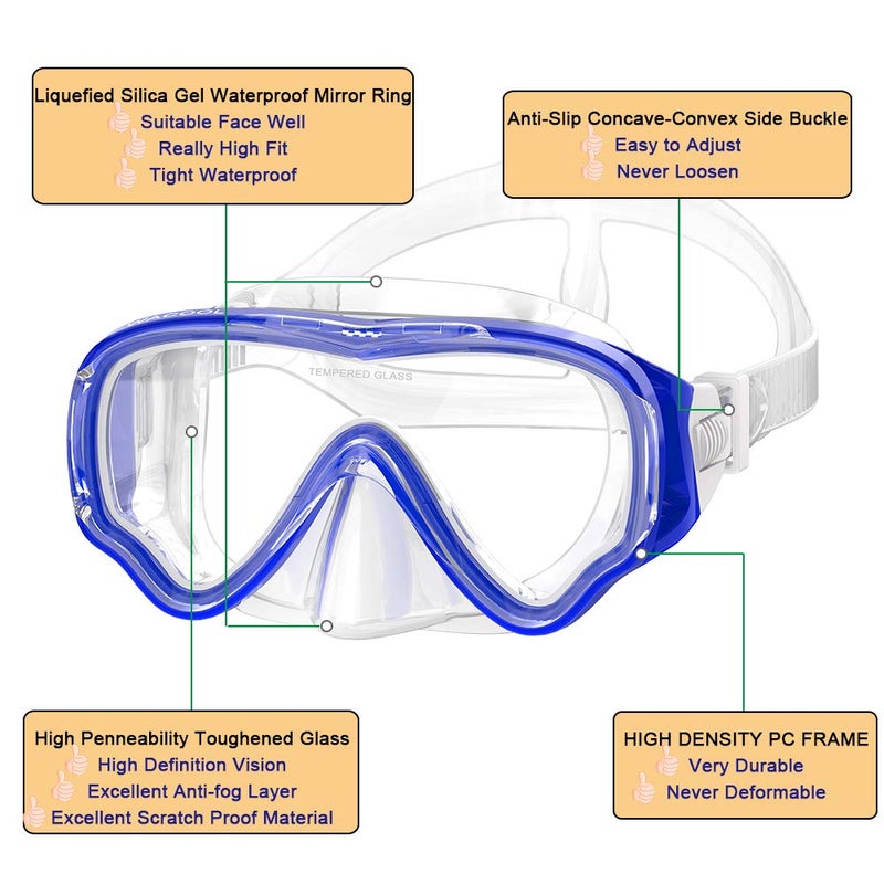 WACOOL Snorkeling Snorkel Diving Scuba Package Set Gear for Kids Youth Junior Anti-Fog Coated Glass with Silicon Mouth Piece Purge Valve and Anti-Splash (DarkBlue) - Image 4